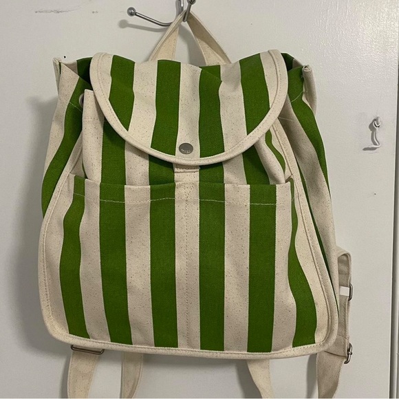BAGGU Green Striped Canvas Backpack - Picture 3 of 4